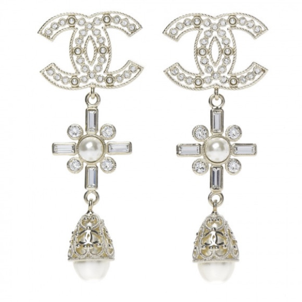 CHANEL Silver and Gold Logo Drop Earrings excellent condition